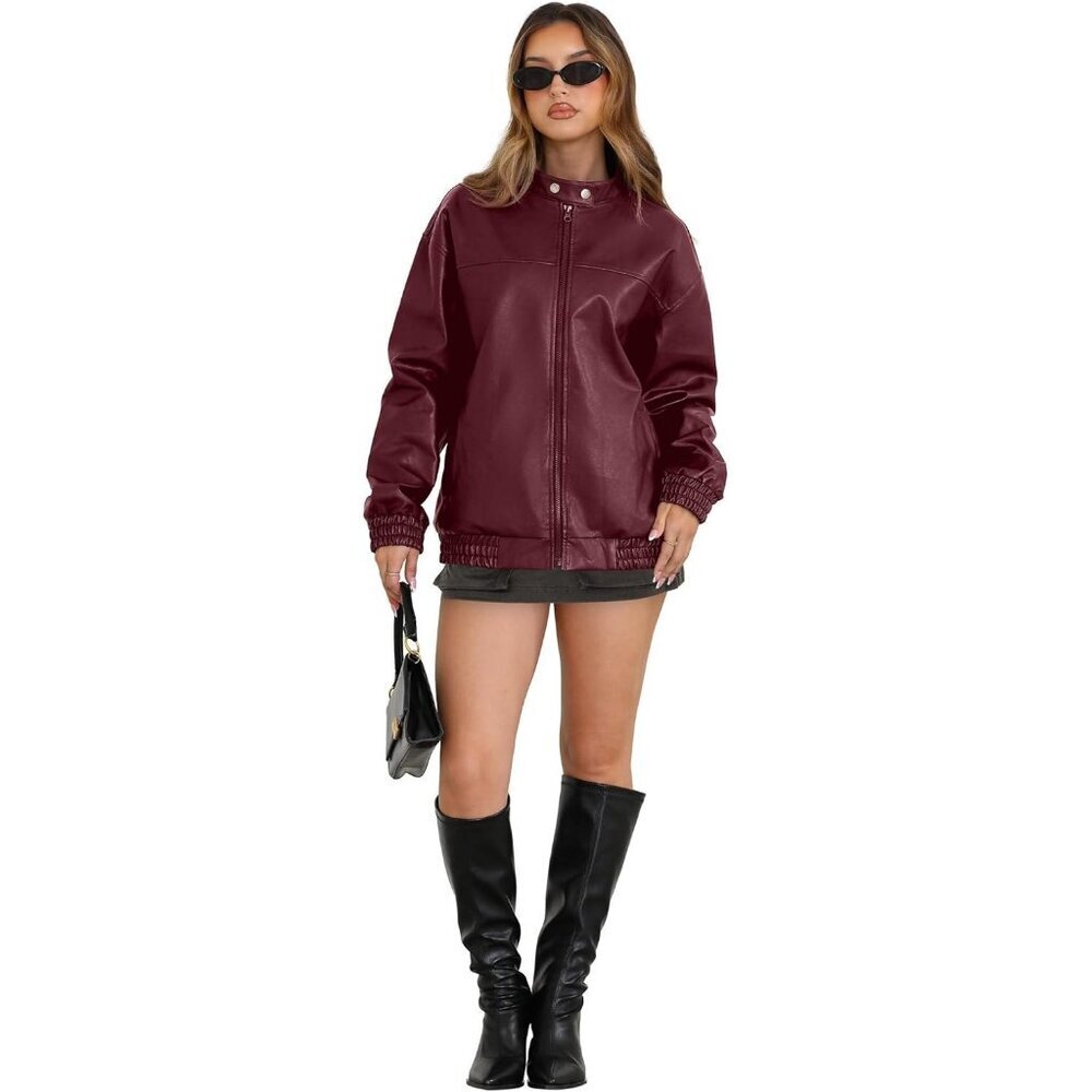 Women's Red Faux Leather Jacket Oversized Motorcycle Bomber Fashion Outfits - Picture 3 of 4